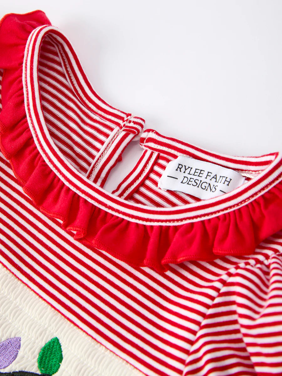 Holiday Girls Dress with Embroidered Christmas Lights and Red Bow Details Childrens dress