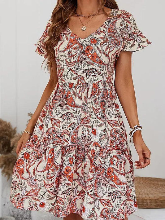 V Neck Paisley Floral Print Swing Dress - Moonlight Boutique