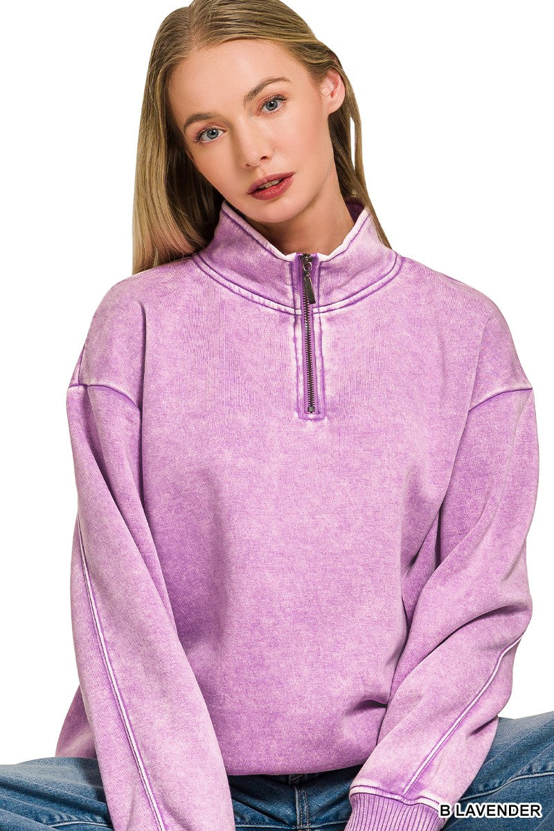 Zenana Acid Wash Half Zip Pullover pullover lavender