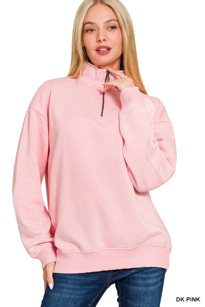 Zenana Acid Wash Half Zip Pillover pullover Pink