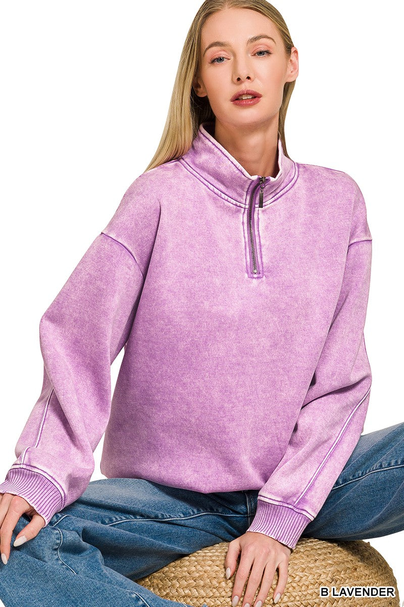 Zenana Acid Wash Half Zip Pullover pullover