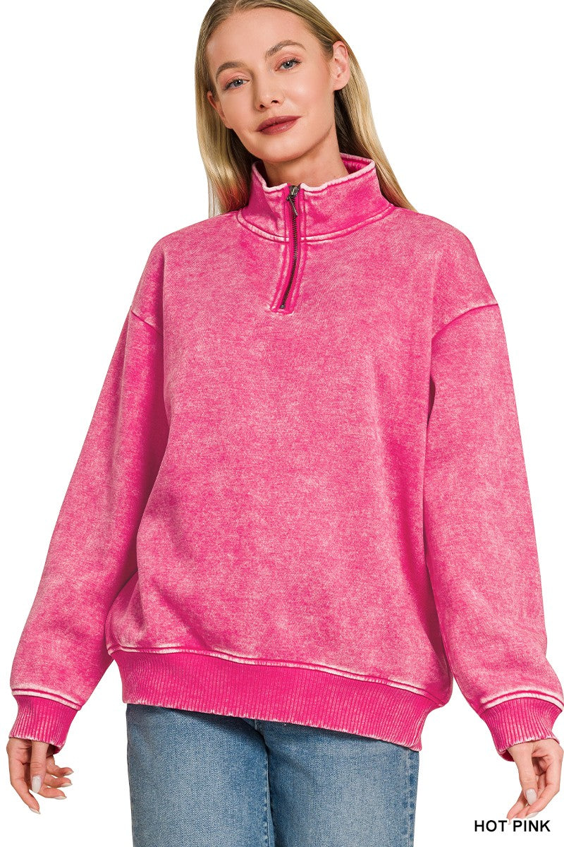 Zenana Acid Wash Half Zip Pullover pullover Hot pink