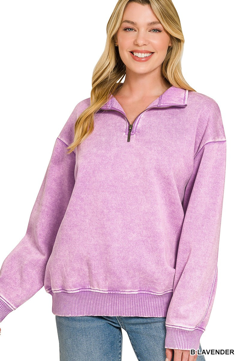 Zenana Acid Wash Half Zip Pullover pullover