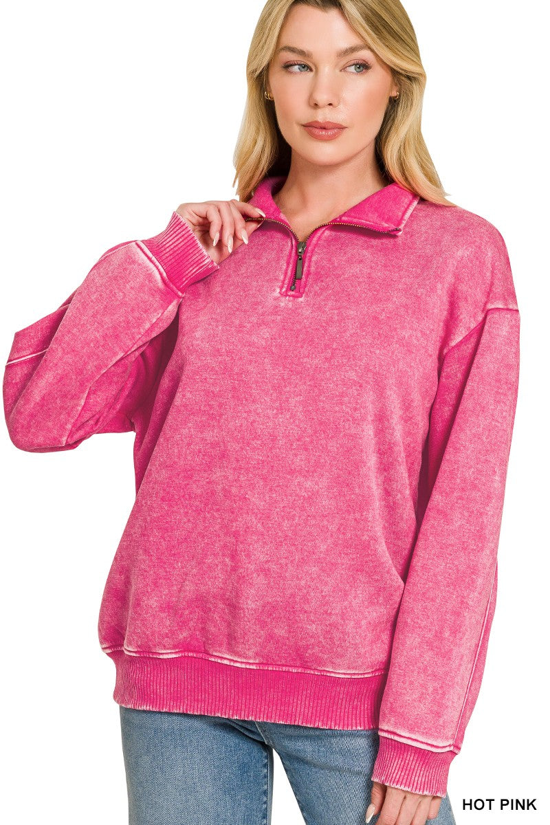 Zenana Acid Wash Half Zip Pullover pullover