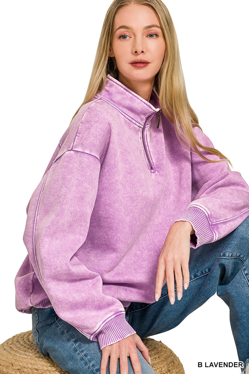 Zenana Acid Wash Half Zip Pullover pullover