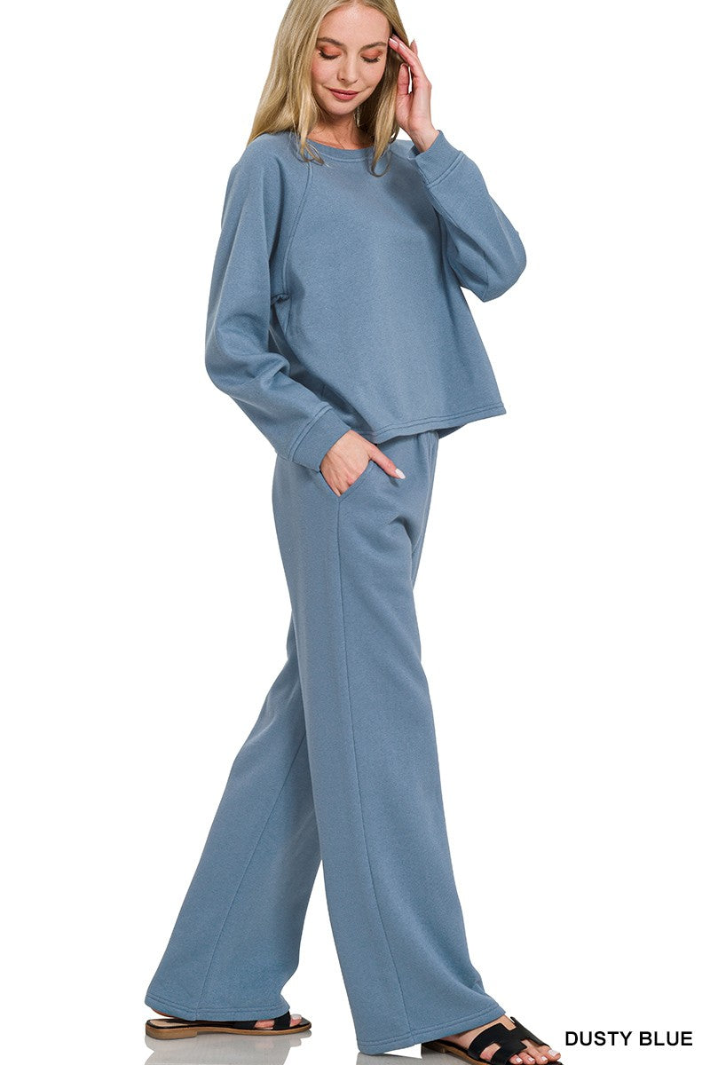 Zenana Fleece Raglan Sleeve Pullover & Sweatpants Set Clothing Set dusty blue