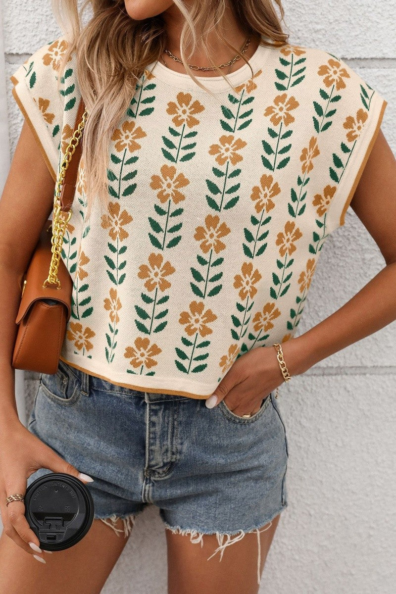 Vintage Floral Knit Top Cap Sleeve Lightweight Tee