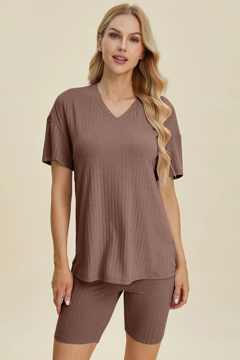 Basic Bae Full Size Ribbed V-Neck Short Sleeve Top and Shorts Set Clothing Set Taupe