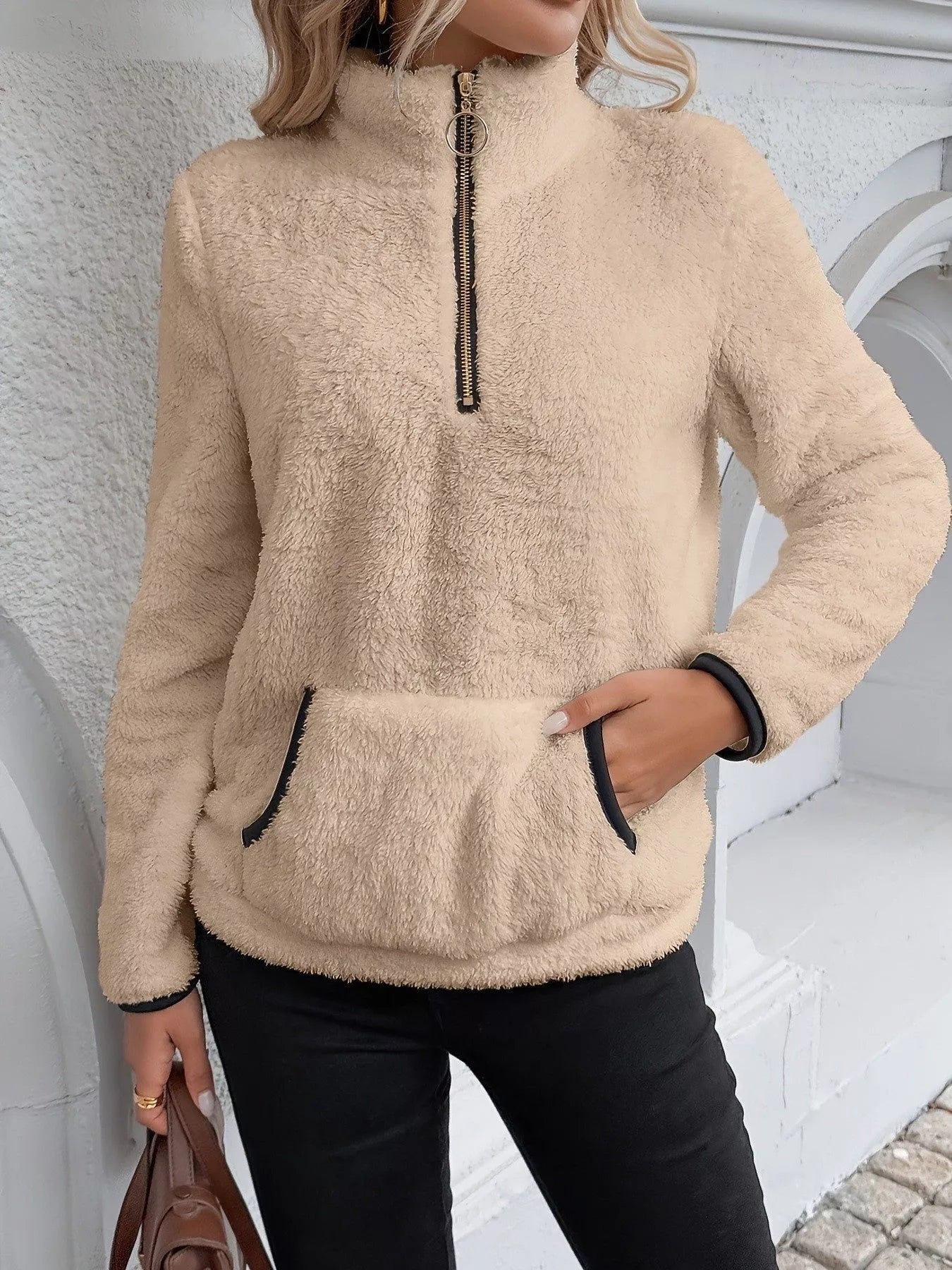 Full Size Cozy Fleece Quarter Zip Long Sleeve Sweatshirt Plus Size Sweatshirt Khaki