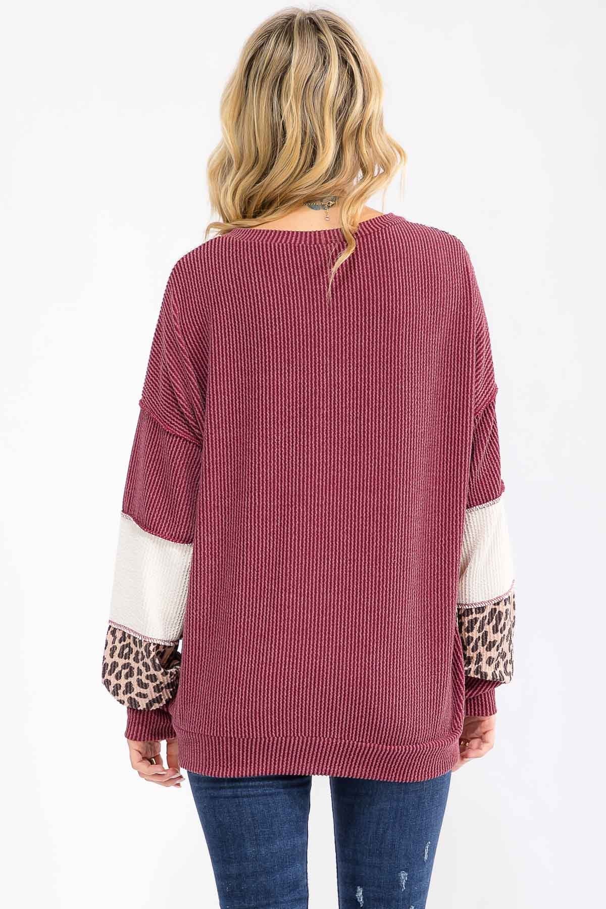 Leopard Patchwork Color Block Rib Knit Sweater Tops