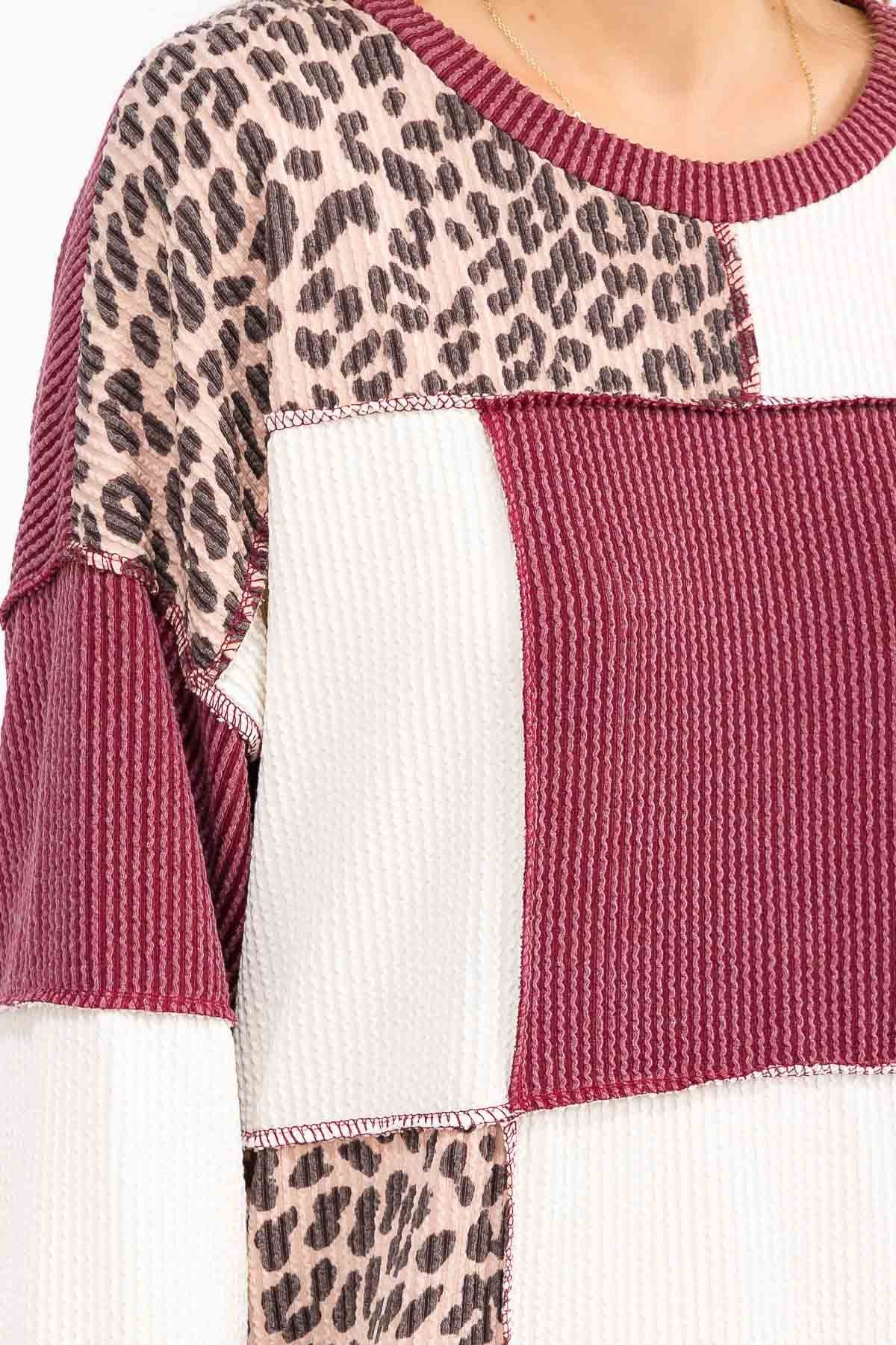 Leopard Patchwork Color Block Rib Knit Sweater Tops