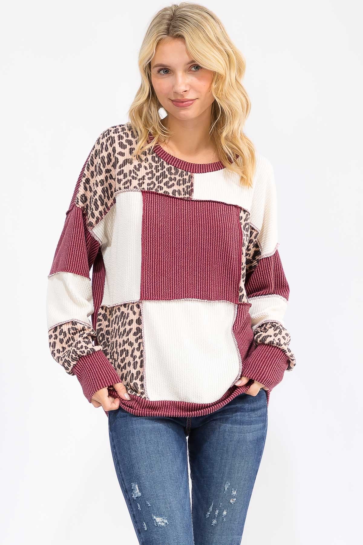 Leopard Patchwork Color Block Rib Knit Sweater Tops