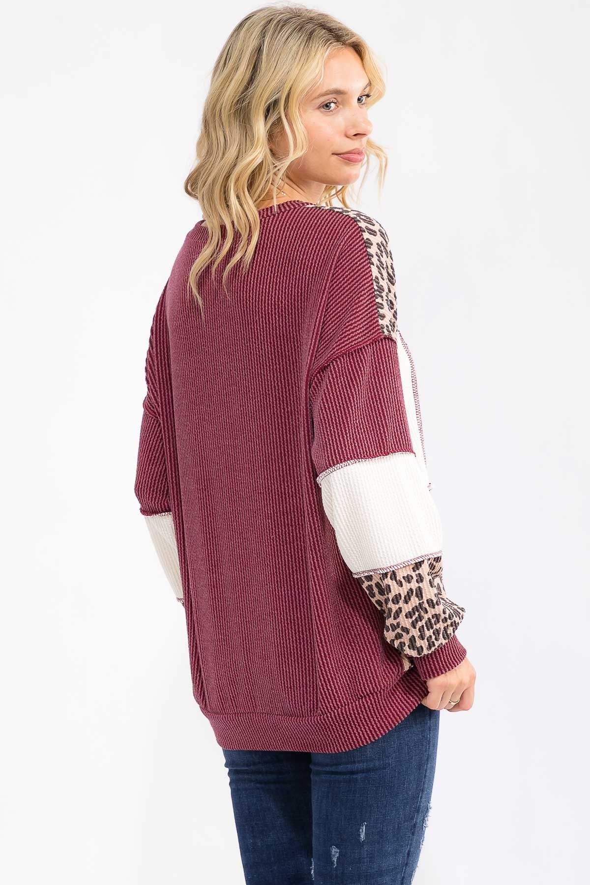 Leopard Patchwork Color Block Rib Knit Sweater Tops