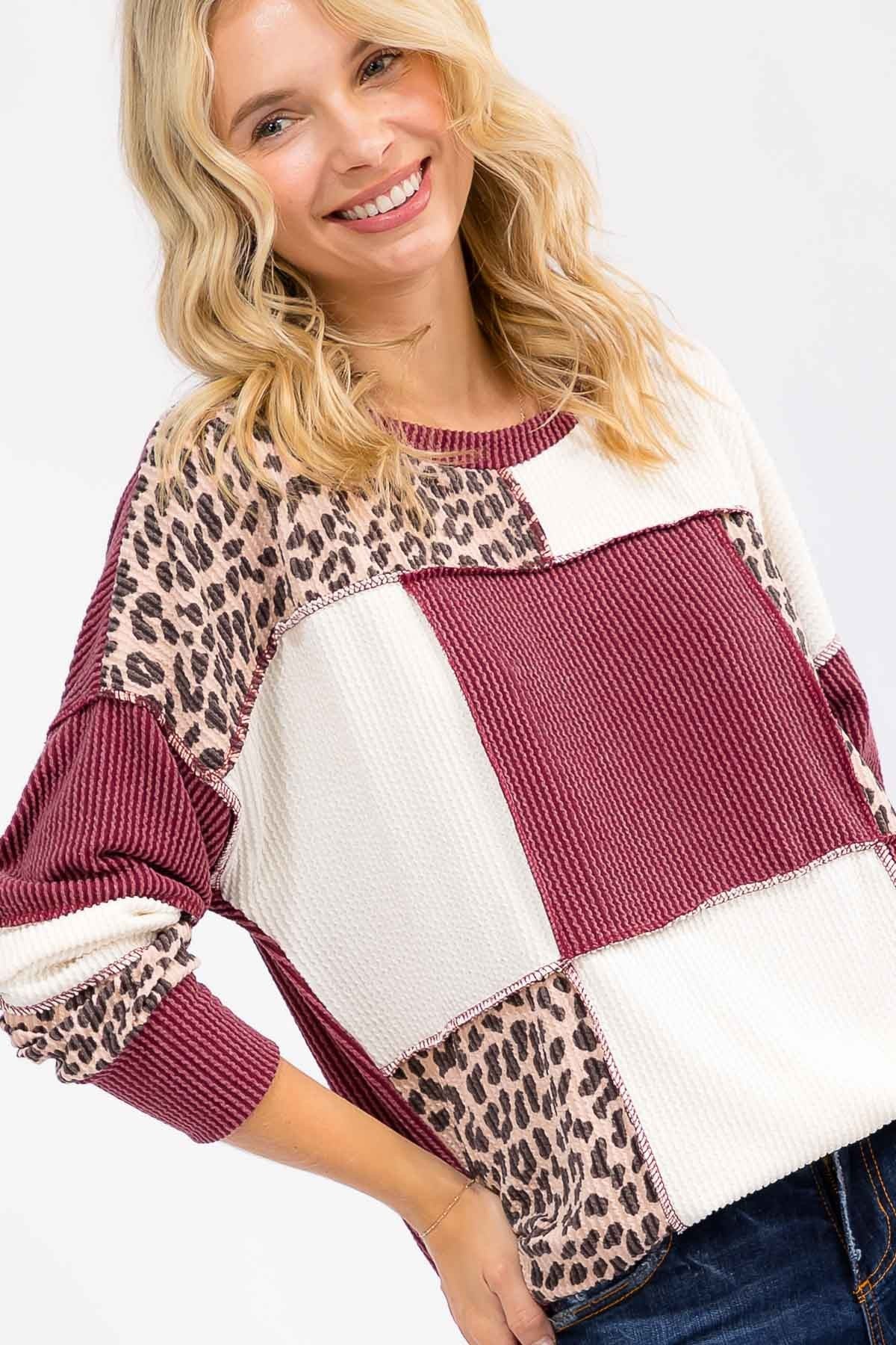 Leopard Patchwork Color Block Rib Knit Sweater Tops