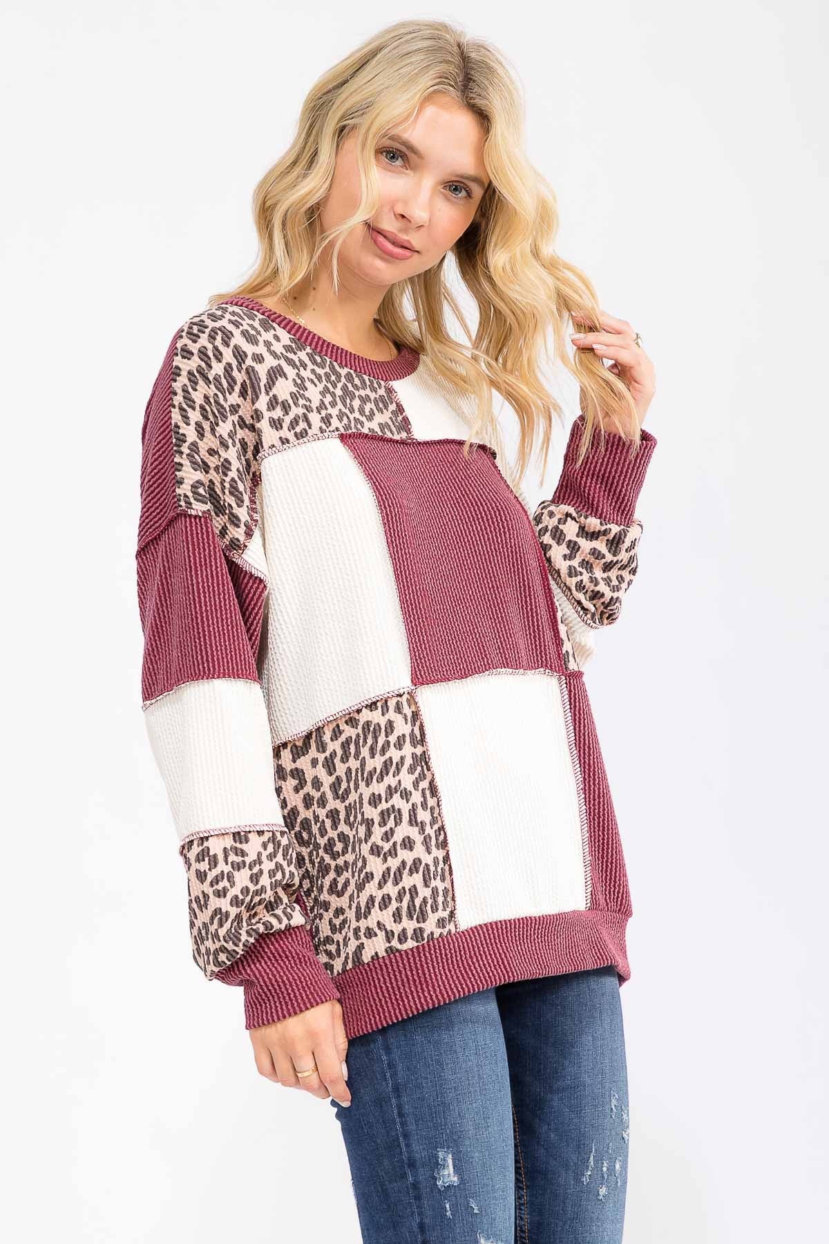 Leopard Patchwork Color Block Rib Knit Sweater Tops