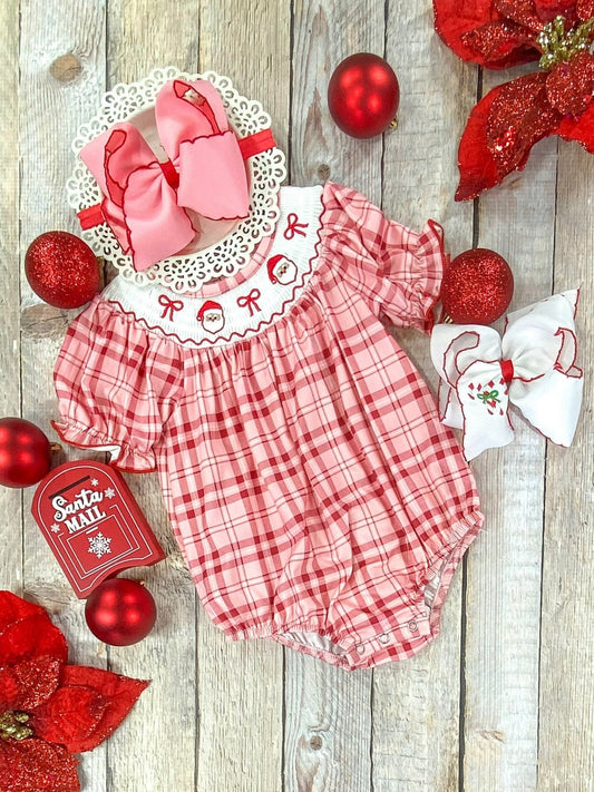 Red Gingham & Santa Embroidery Infant Girls Romper baby romper