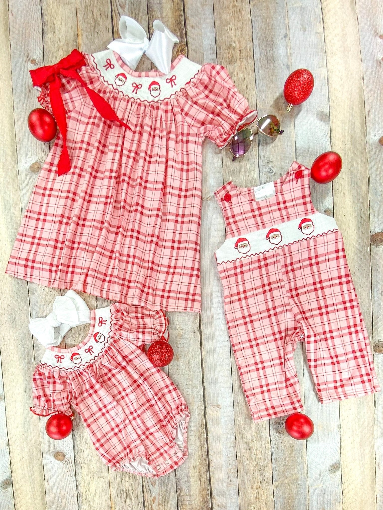 Red Gingham & Santa Embroidery Dress baby romper