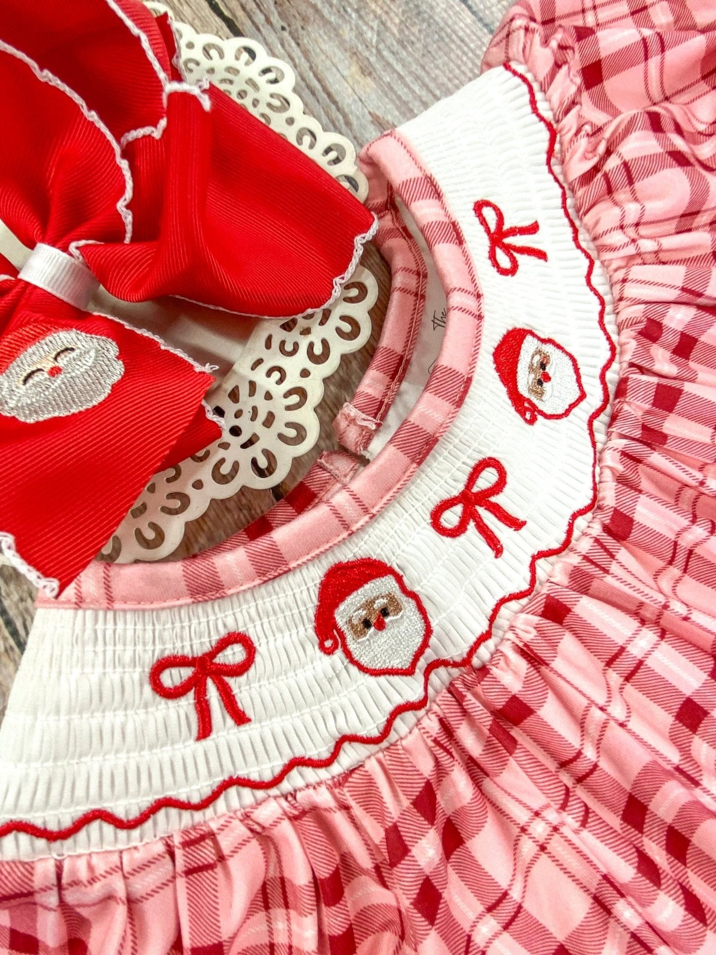 Red Gingham & Santa Embroidery Dress baby romper