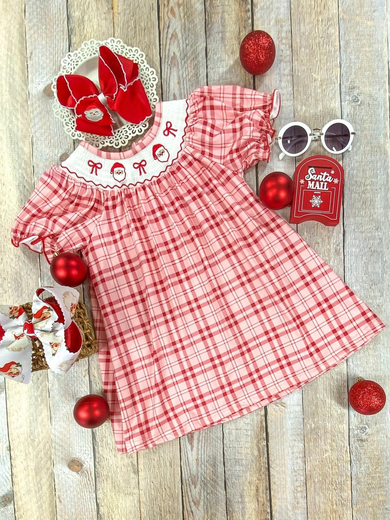 Red Gingham & Santa Embroidery Dress baby romper