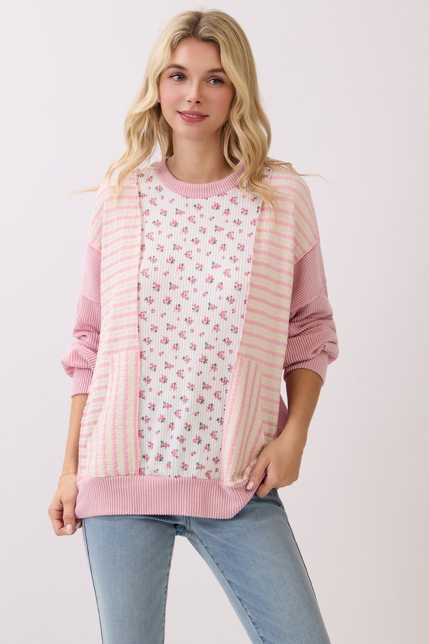 Floral Rib Patchwork Pullover Top Tops