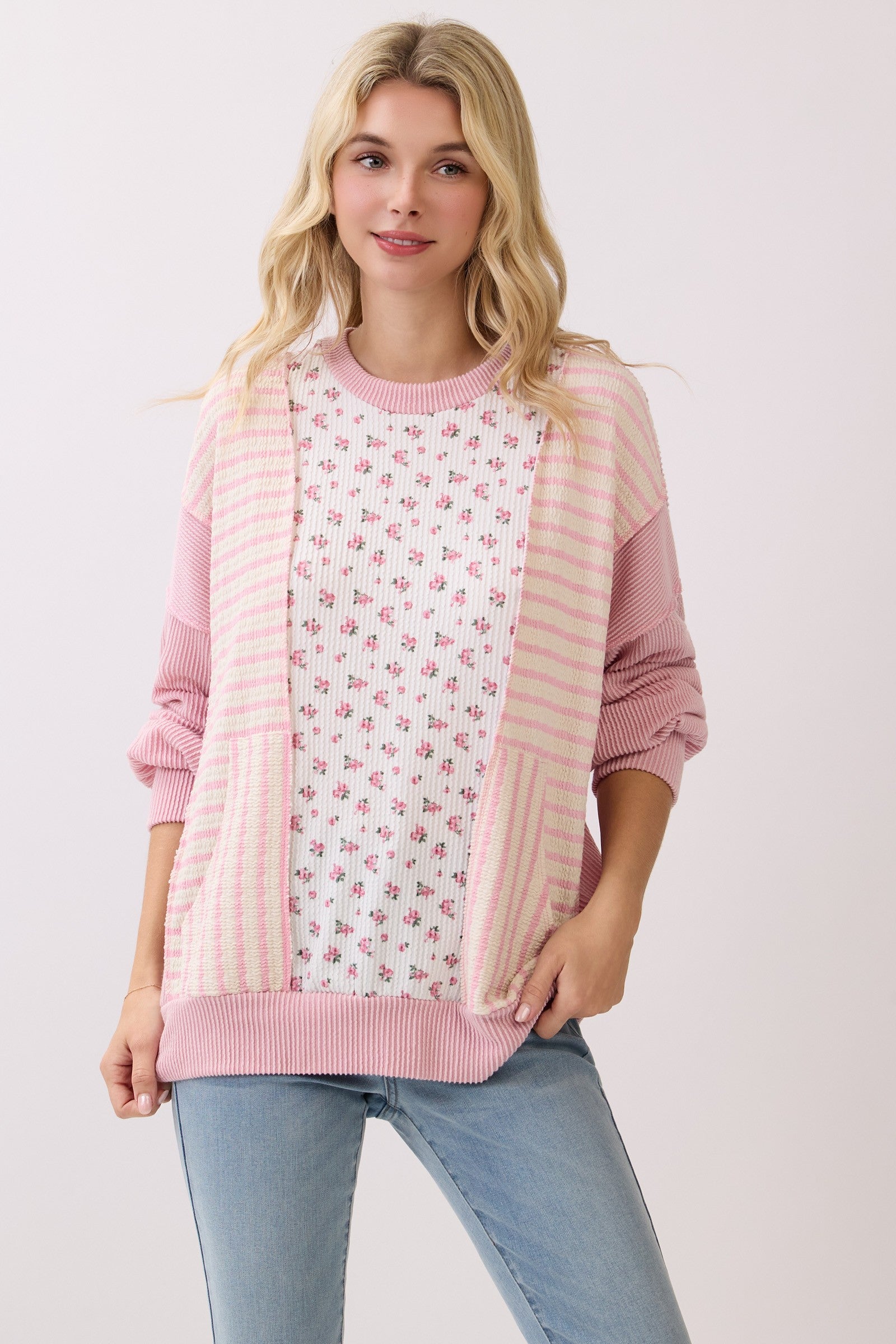 Floral Rib Patchwork Pullover Top Tops