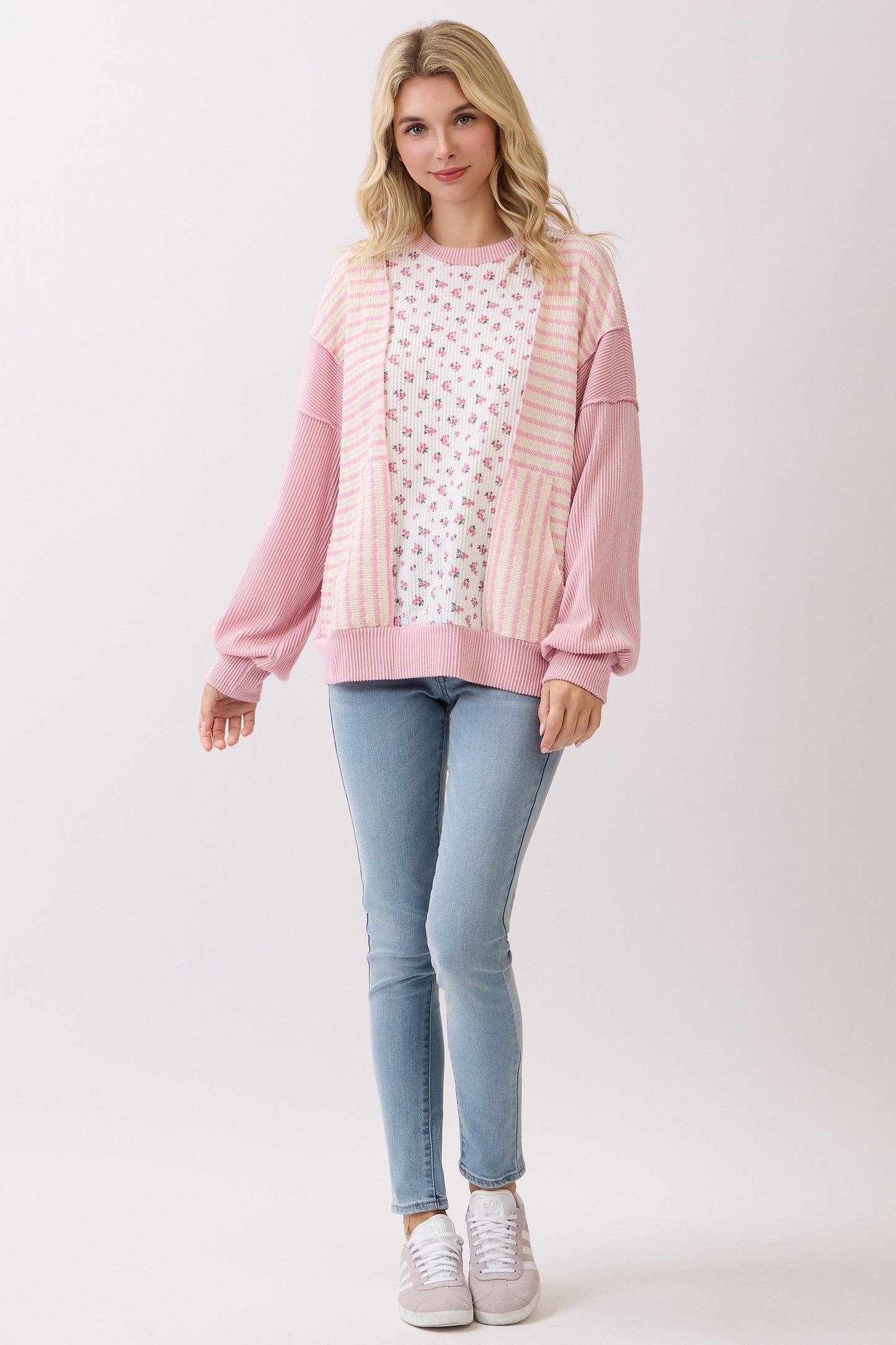 Floral Rib Patchwork Pullover Top Tops