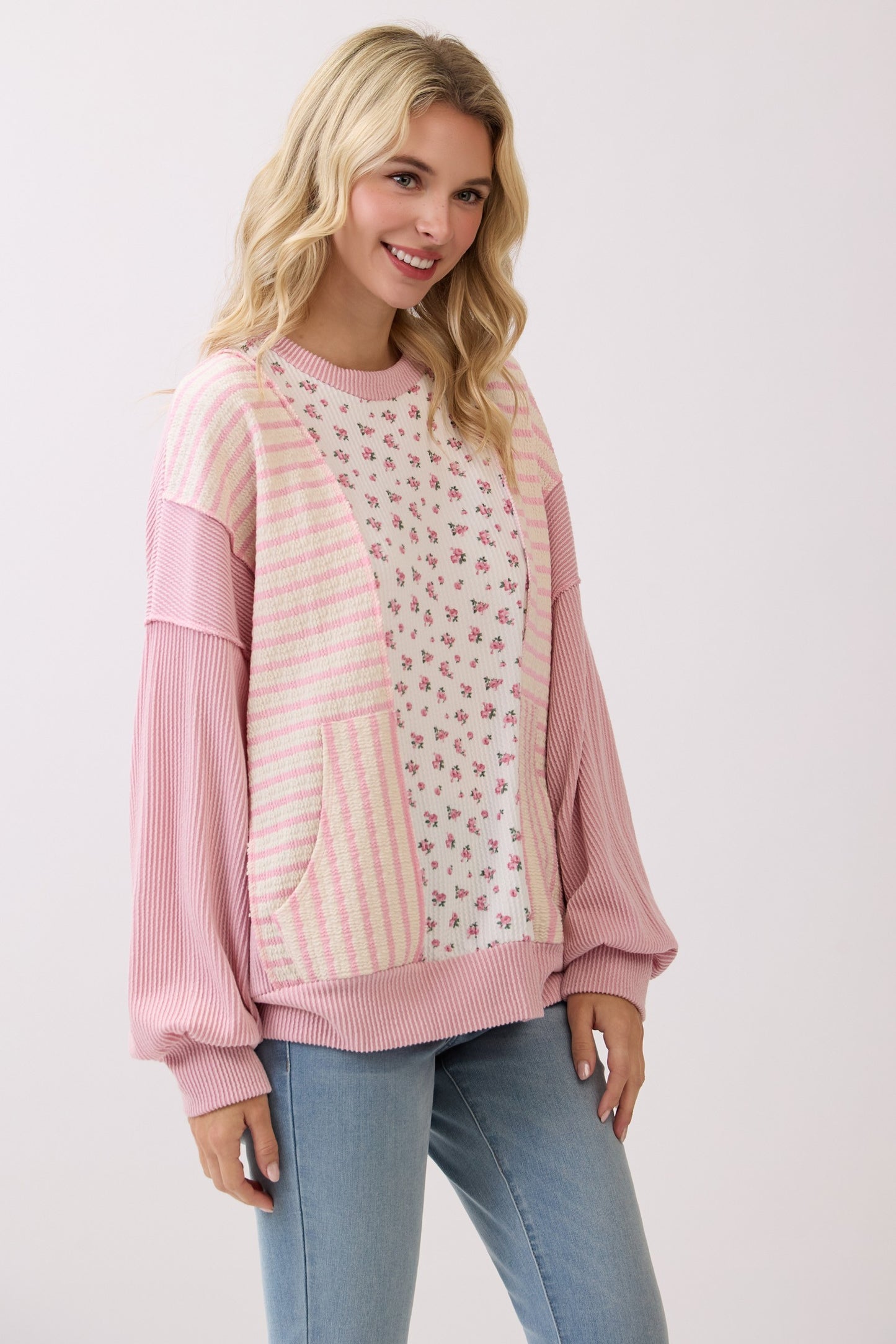 Floral Rib Patchwork Pullover Top Tops