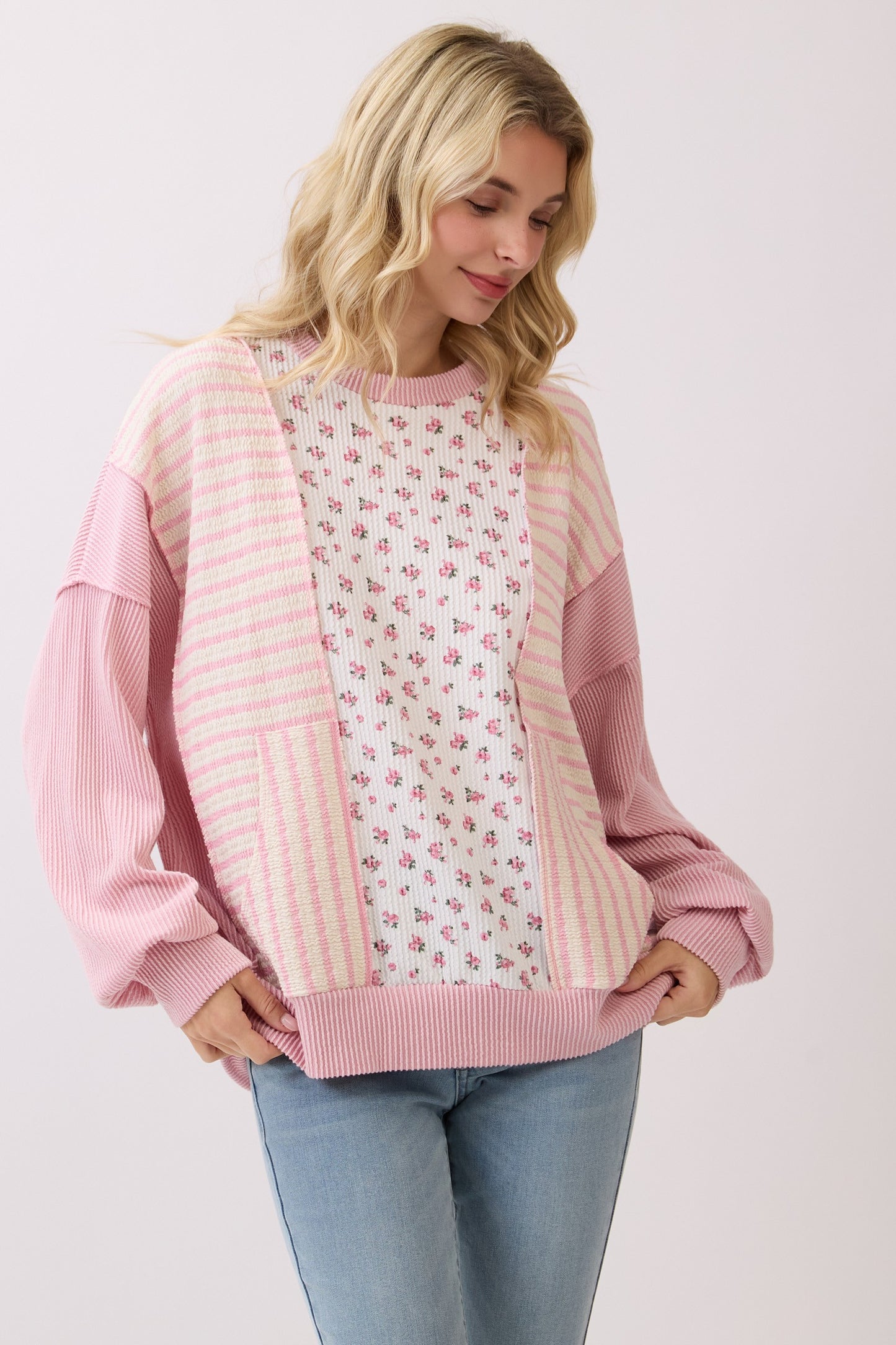 Floral Rib Patchwork Pullover Top Tops