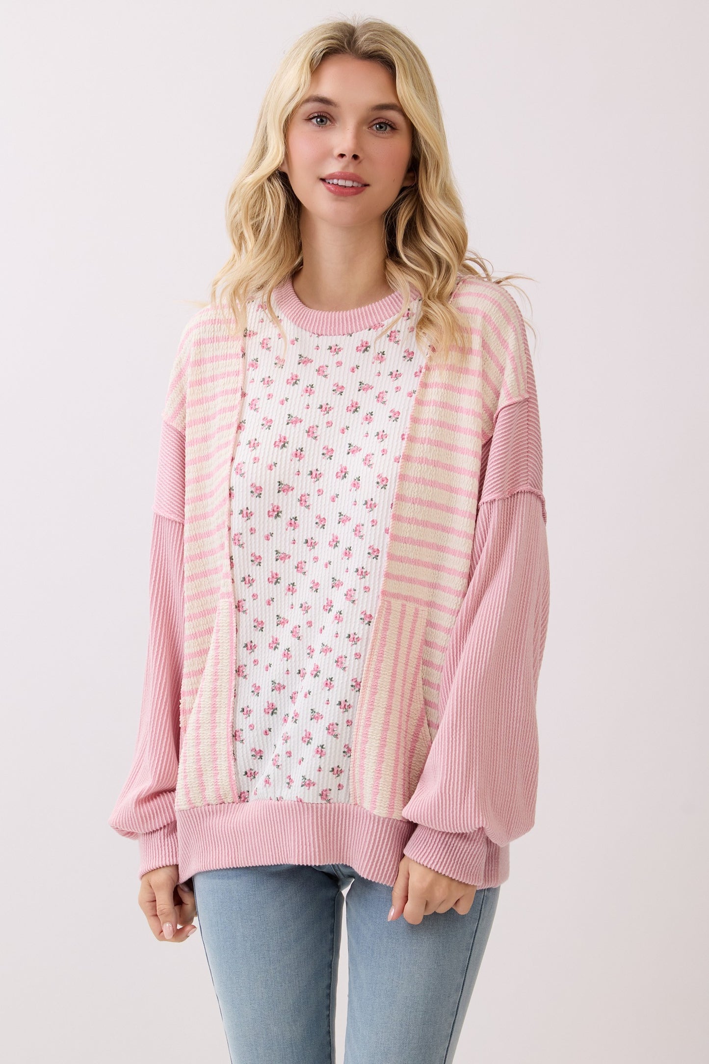 Floral Rib Patchwork Pullover Top Tops