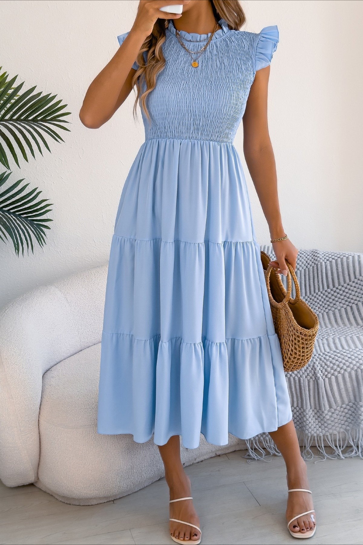 Smocked Ruffle Sleeve Tiered Midi Dress