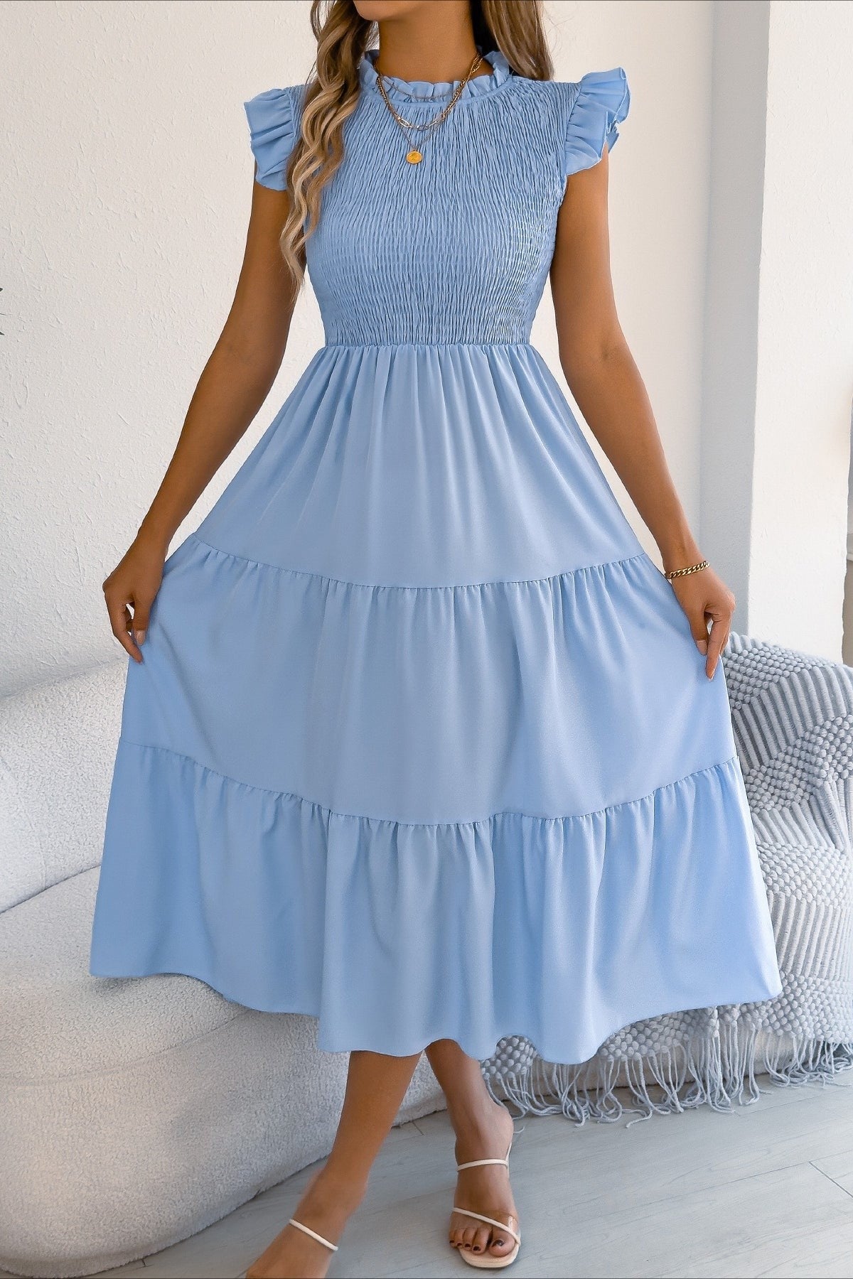 Smocked Ruffle Sleeve Tiered Midi Dress