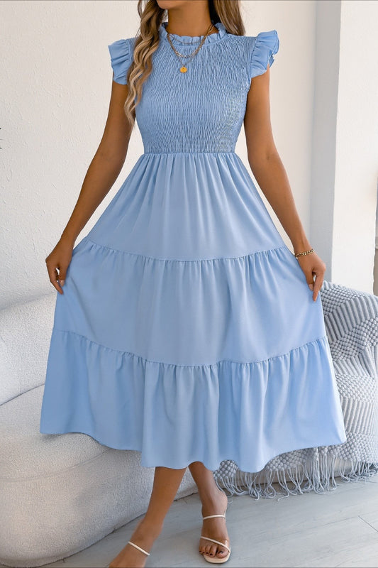 Smocked Ruffle Sleeve Tiered Midi Dress