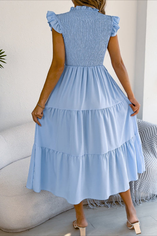 Smocked Ruffle Sleeve Tiered Midi Dress