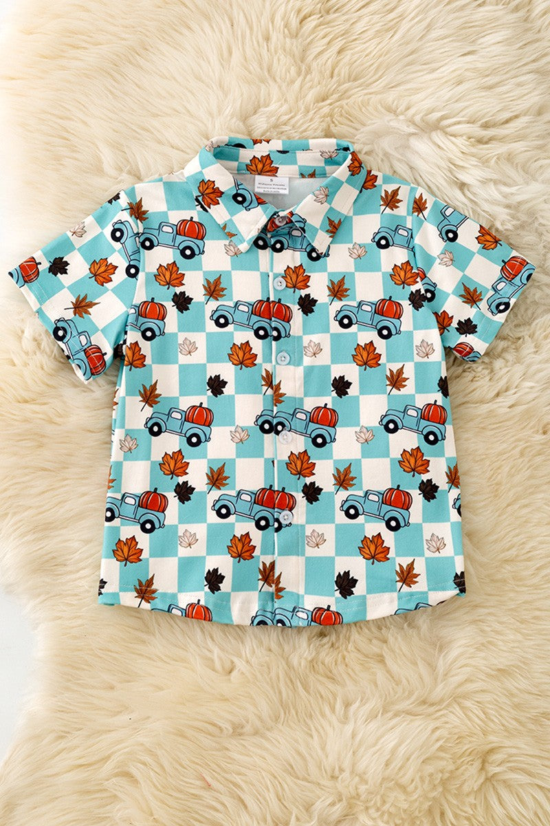 Blue Fall & Checkered Printed Boys Button Up Shirt