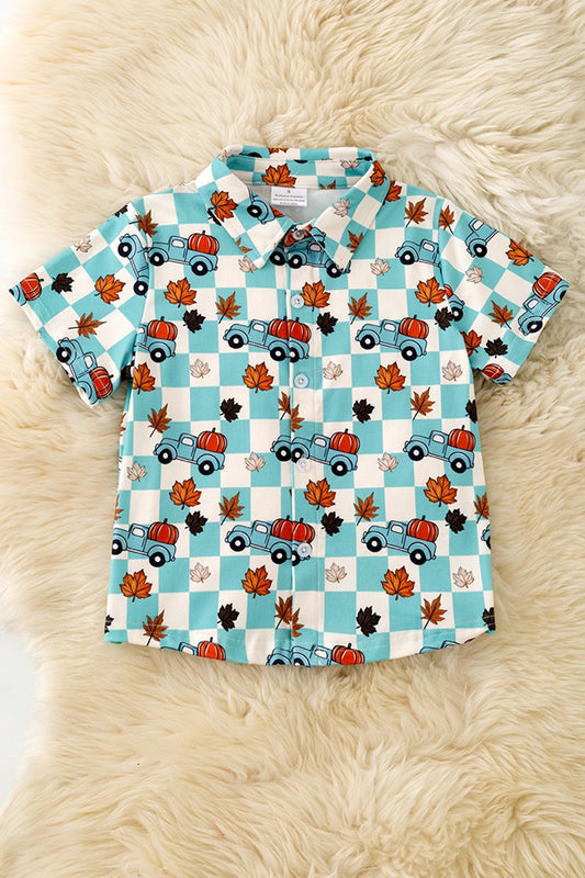 Blue Fall & Checkered Printed Boys Button Up Shirt boys