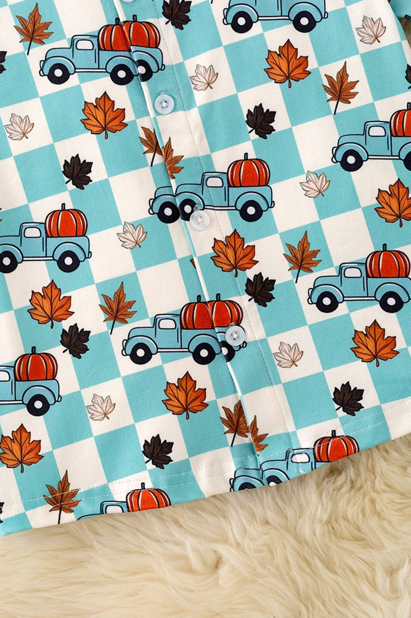 Blue Fall & Checkered Printed Boys Button Up Shirt