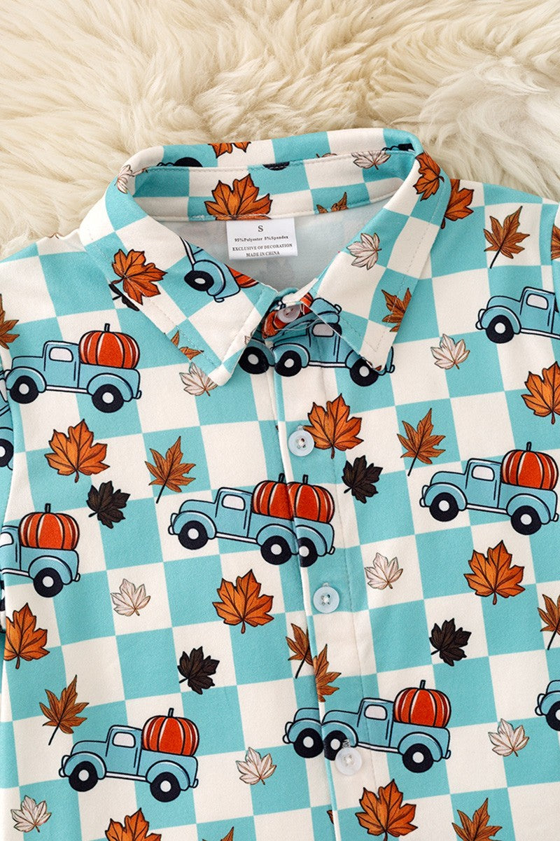 Blue Fall & Checkered Printed Boys Button Up Shirt