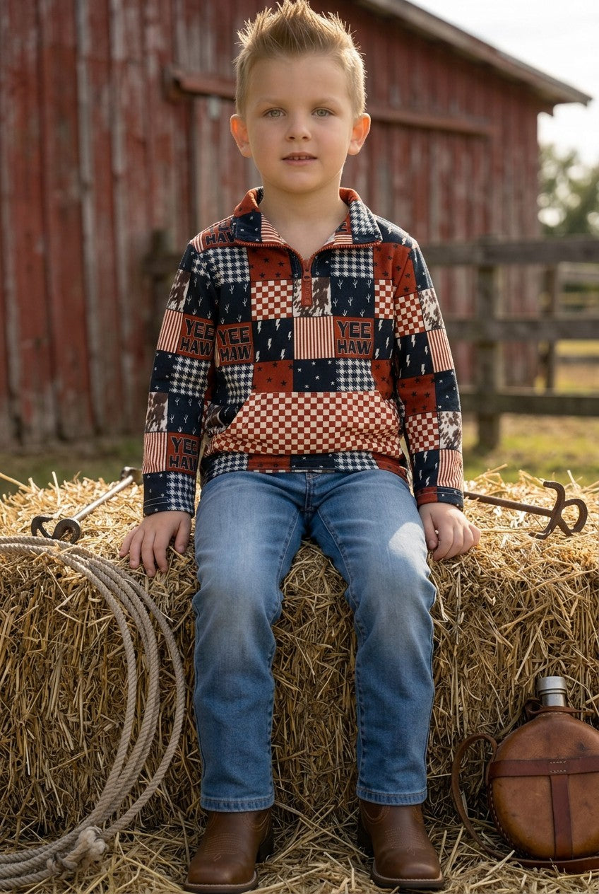 Yeehaw Brown & Black Multi-printed Patch Pullover boys