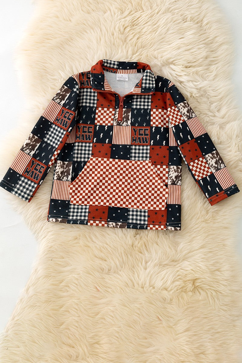 Yeehaw Brown & Black Multi-printed Patch Pullover boys