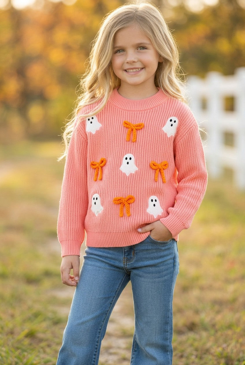 Ghost Applique, Orange Embroidered Bow on Coral Sweater girls