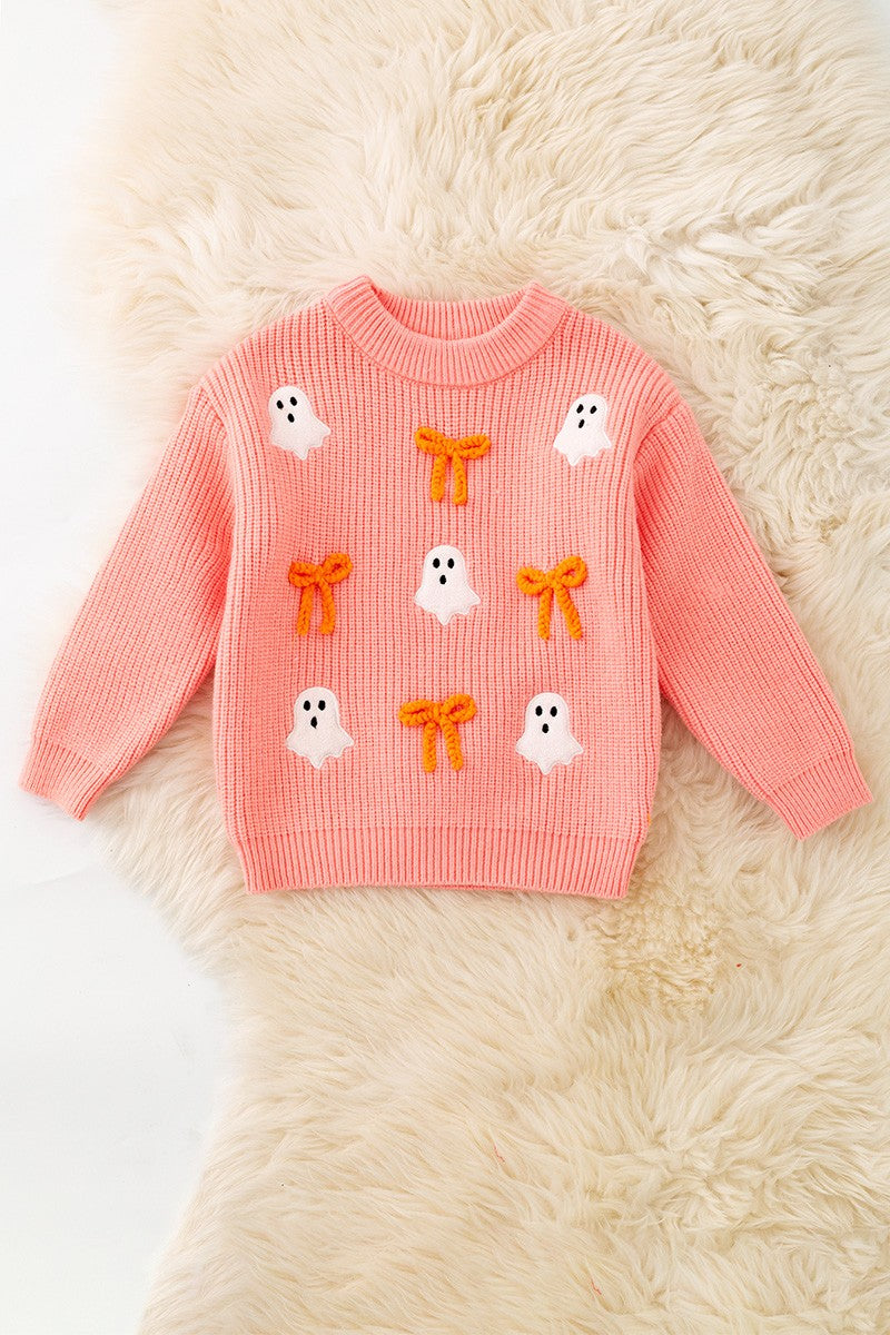 Ghost Applique, Orange Embroidered Bow on Coral Sweater girls