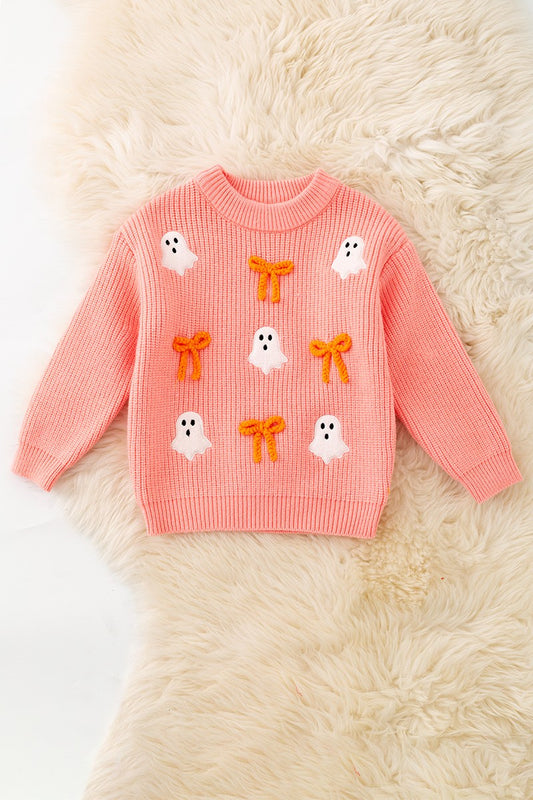 Ghost Applique, Orange Embroidered Bow on Coral Sweater girls