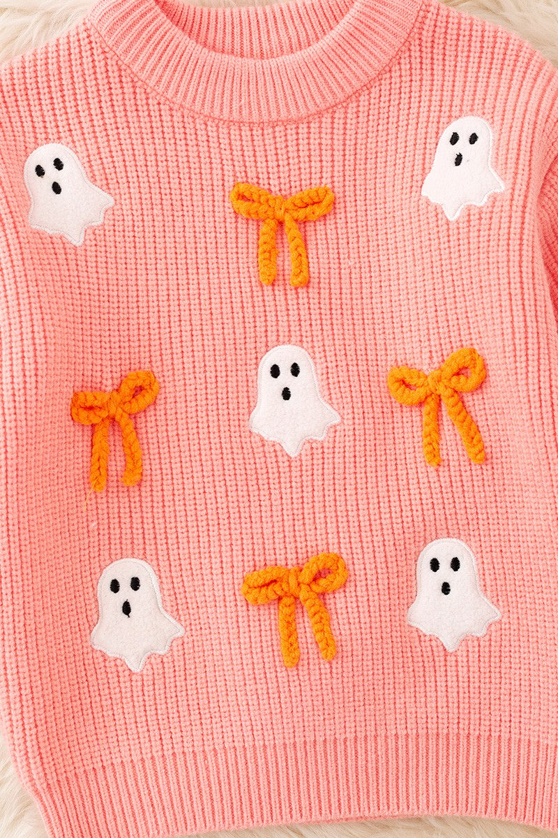 Ghost Applique, Orange Embroidered Bow on Coral Sweater girls