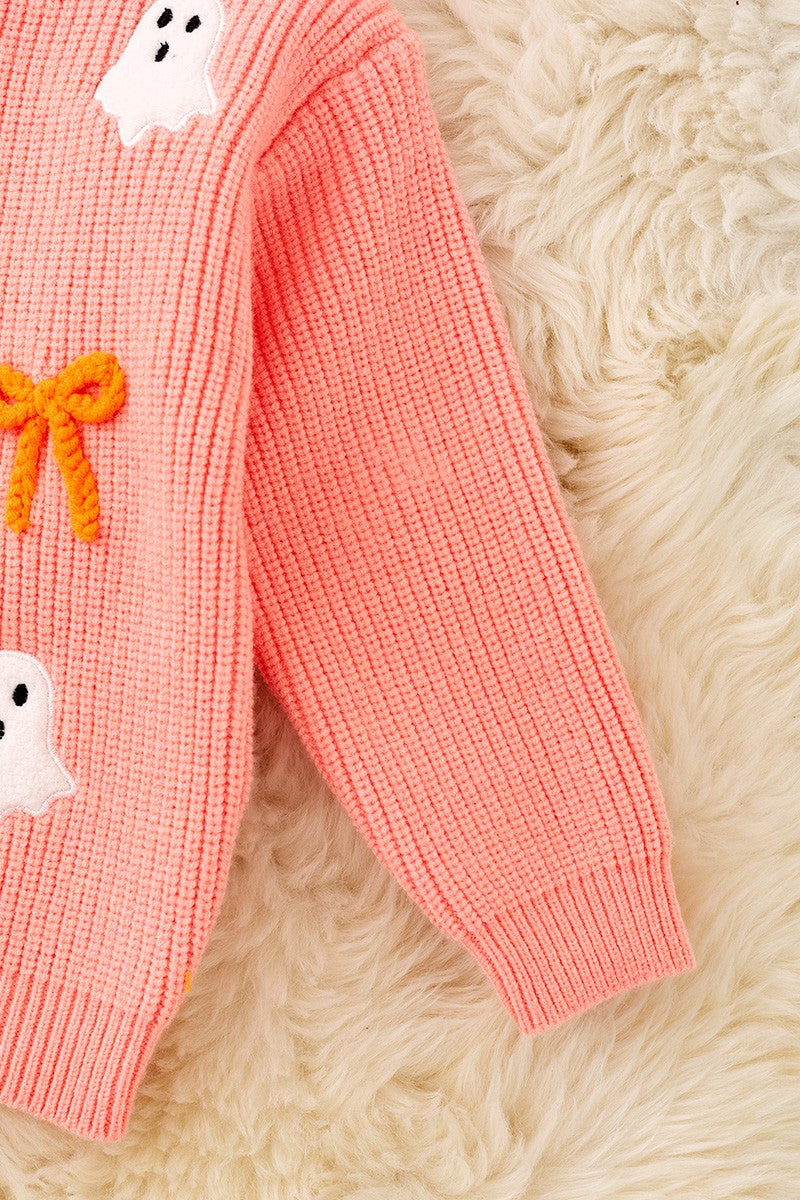 Ghost Applique, Orange Embroidered Bow on Coral Sweater girls