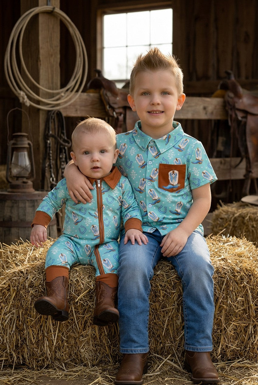 Aqua Western Boot Printed Button Up Shirt with Side Pocket
