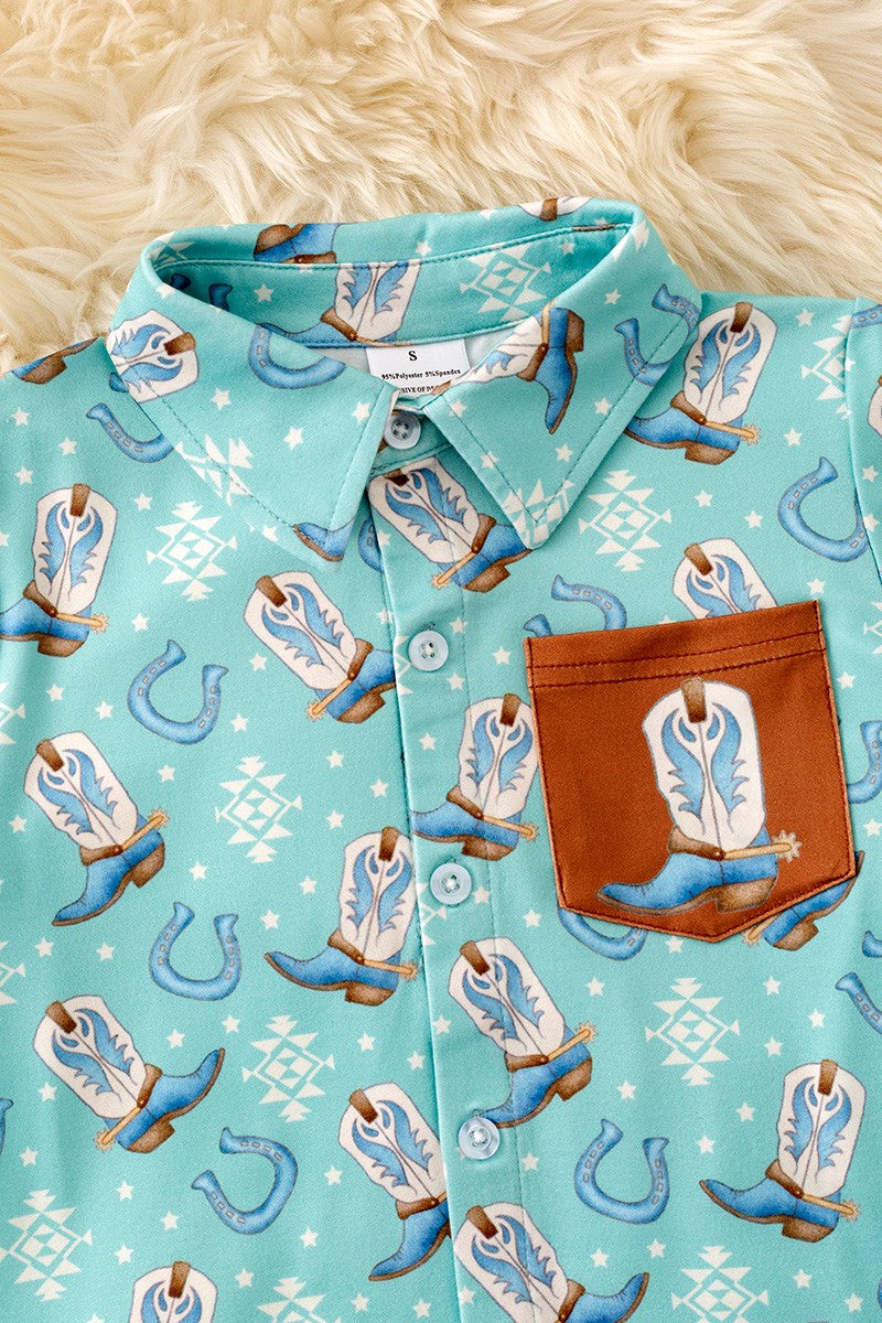 Aqua Western Boot Printed Button Up Shirt with Side Pocket