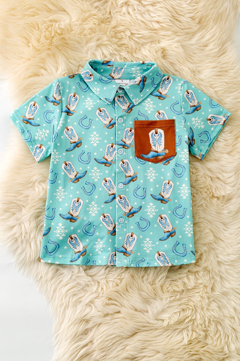 Aqua Western Boot Printed Button Up Shirt with Side Pocket