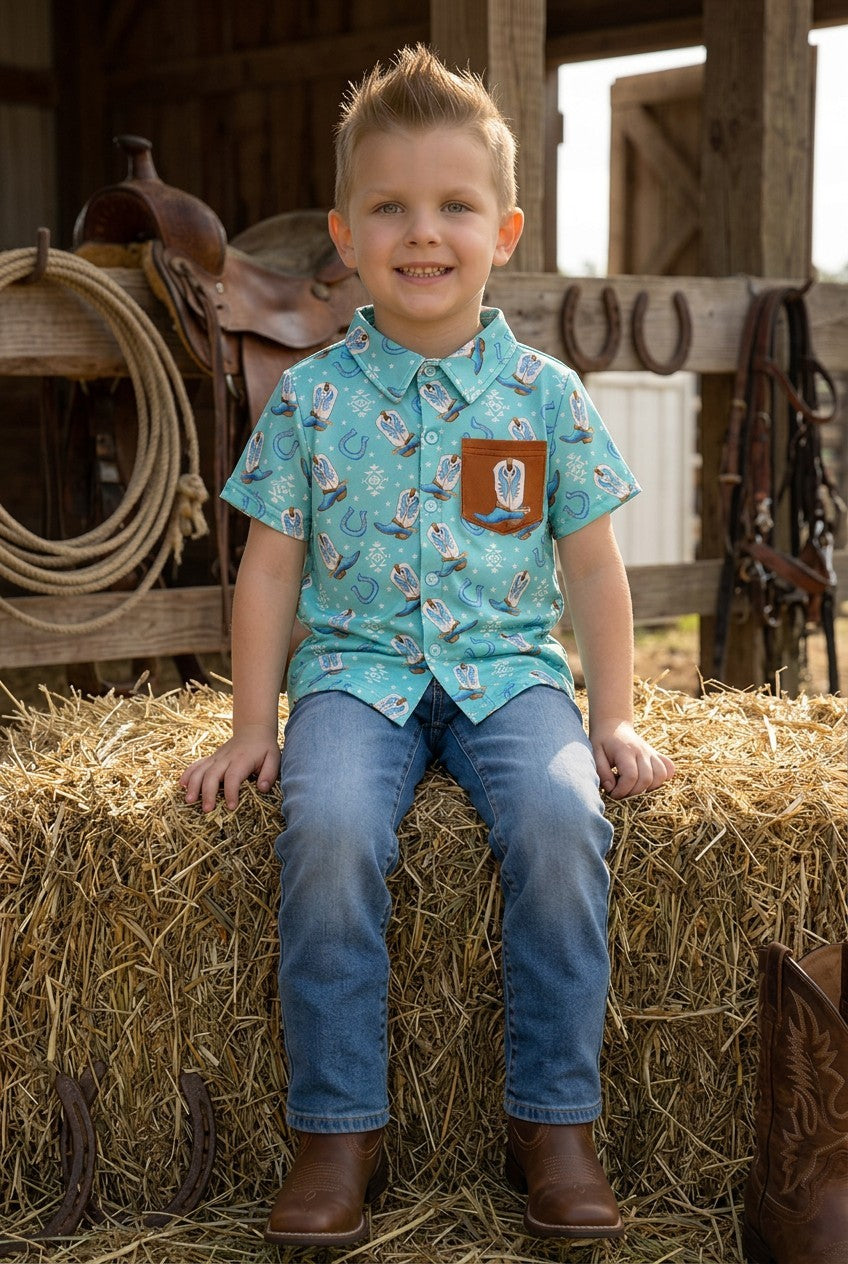 Aqua Western Boot Printed Button Up Shirt with Side Pocket