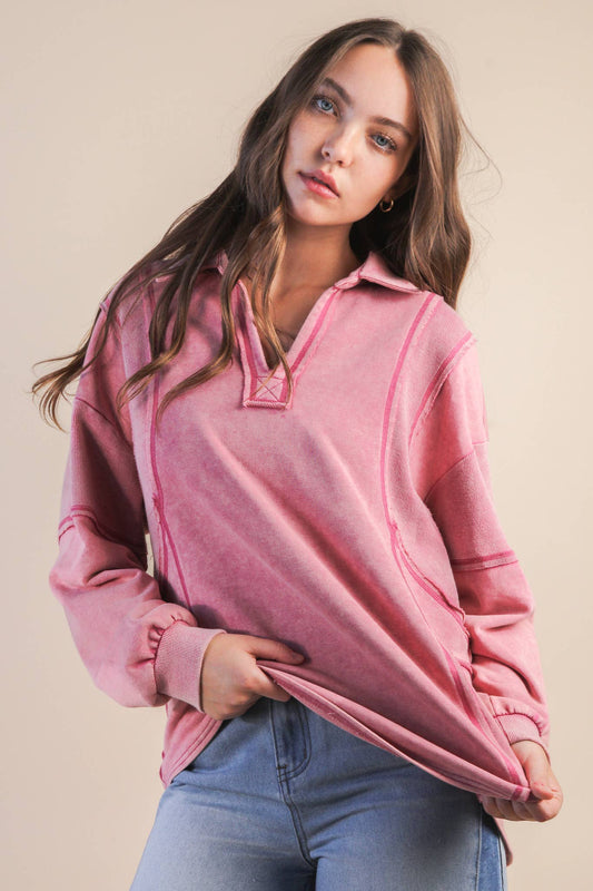 Mineral Washed Oversized French Terry Knit Top Tops MAUVE