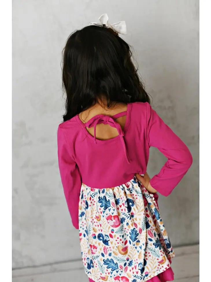 Kids Bright Pink Woodland Animal Print Pocket Dress - Moonlight Boutique